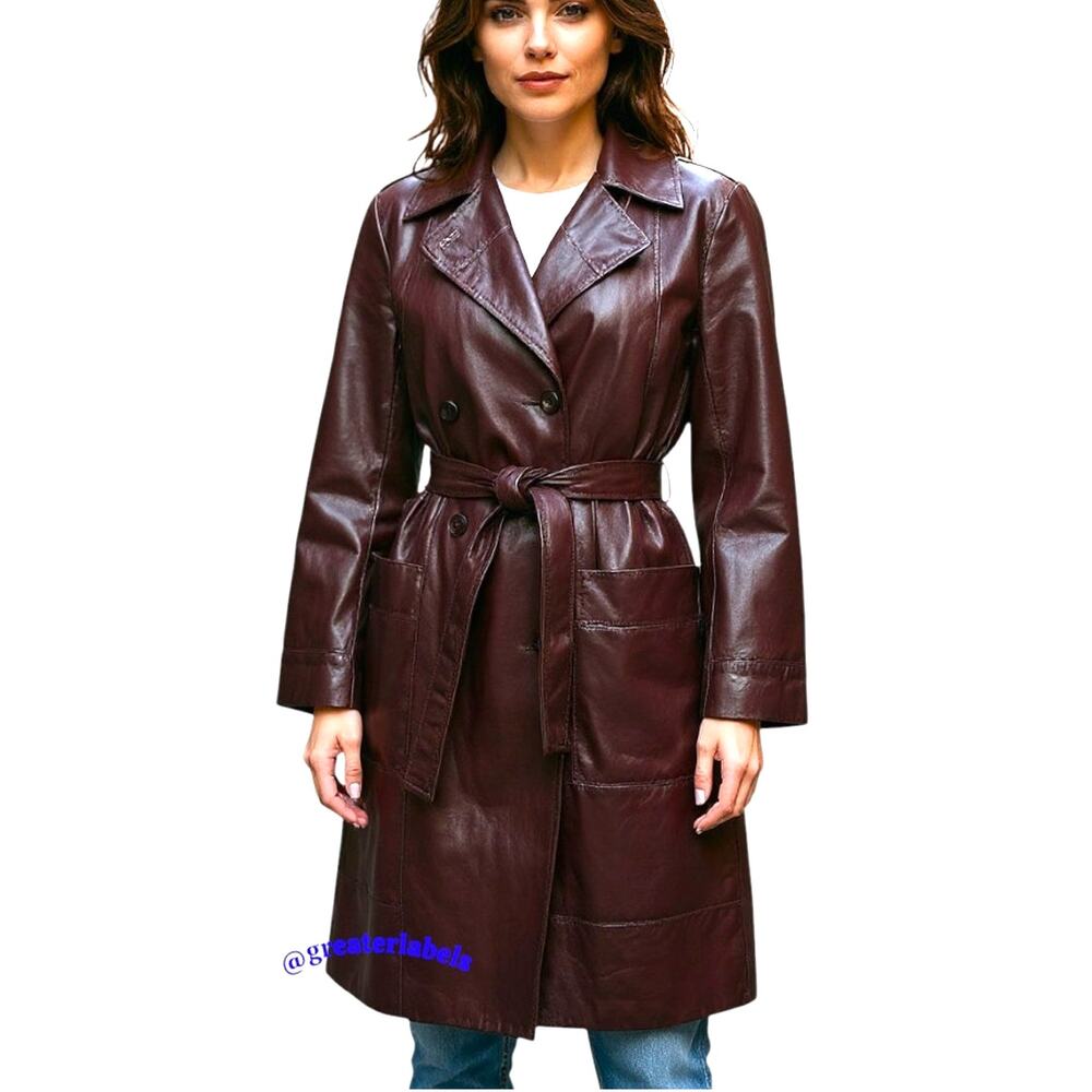 Etienne Aigner Vintage 70s Burgundy Leather Belted Trench Coat SIZE 14 Rare - Picture 4 of 11
